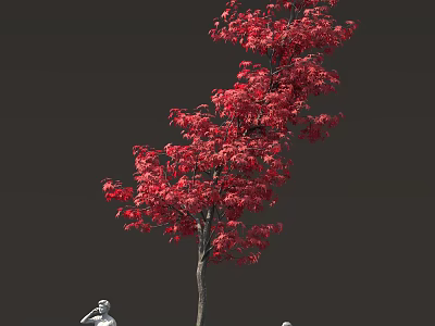 Vibrant Red Leaf Tree With Small White Statues In Lush Outdoor Setting 3d model