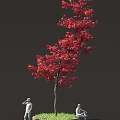 Vibrant Red Leaf Tree With Small White Statues In Lush Outdoor Setting