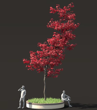 Vibrant Red Leaf Tree With Small White Statues In Lush Outdoor Setting 3d model