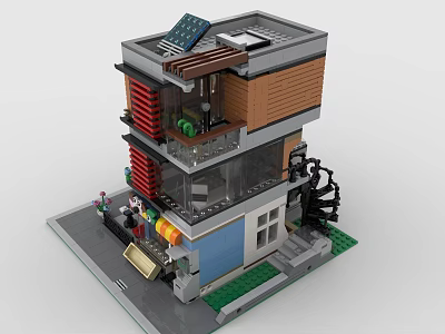 Building Blocks Multi Story Building With Solar Panels Shop Front Mini Figures And Green Plants 3d model