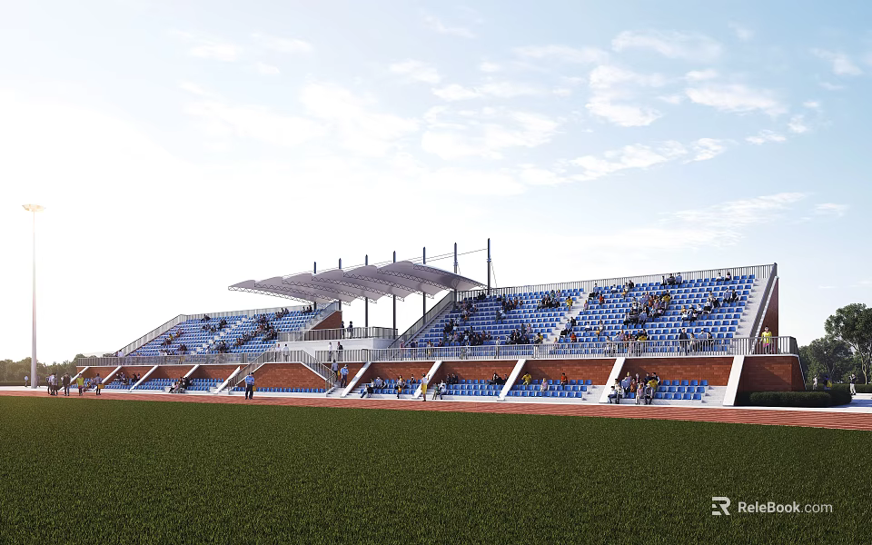 Public Sports Stadium With Blue Seating Green Lawn And Canopy Structure 3d model 