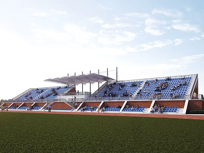 Public Sports Stadium With Blue Seating Green Lawn And Canopy Structure 3d model
