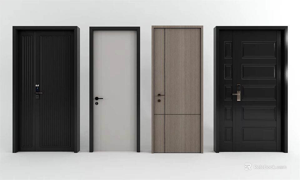 Stylish Swing Doors In Black White And Wooden Design For Interior Spaces 3d model 