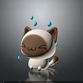 Cute Cartoon Cat With White And Brown Fur Blushing Cheeks And Blue Droplets