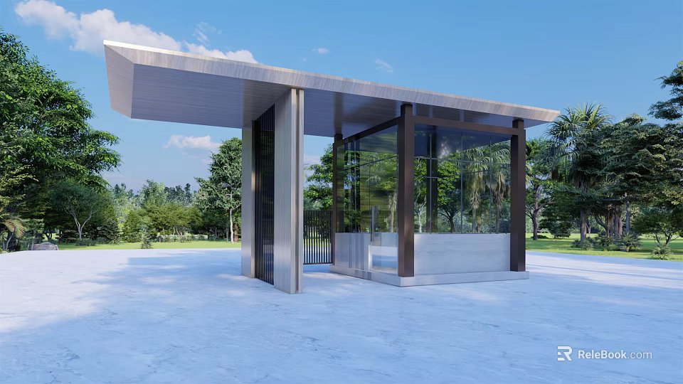 Modern Guardhouse Structure With Glass Walls And Metal Roof In Open Green Area 3d model 