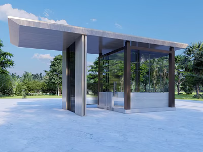 Modern Guardhouse Structure With Glass Walls And Metal Roof In Open Green Area 3d model