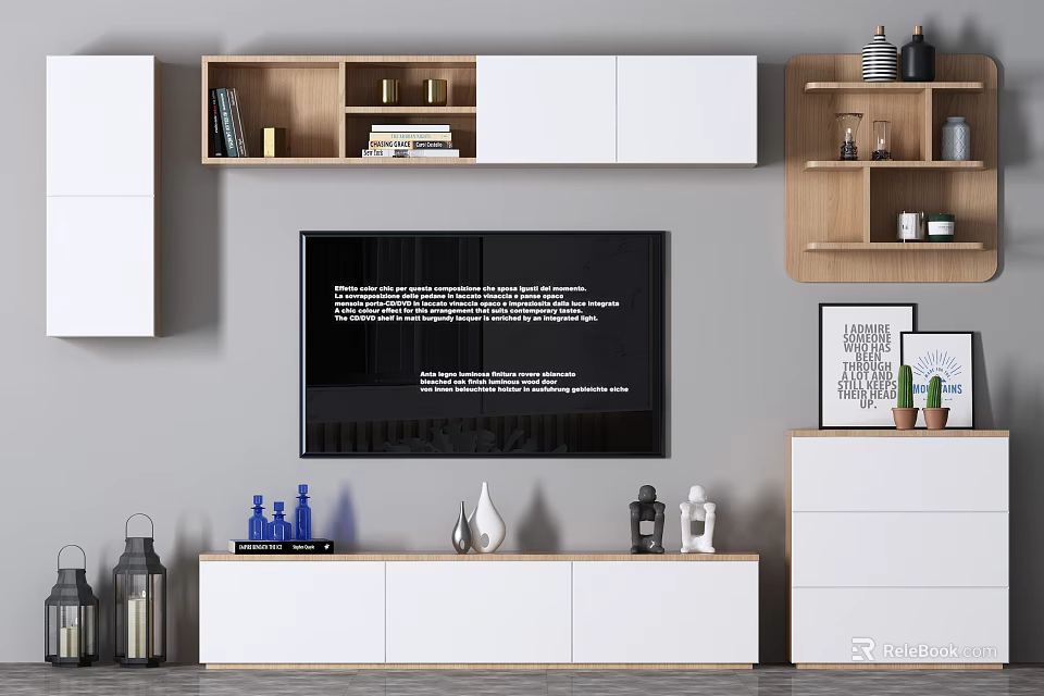 Modern TV Console Setup With Wall Mounted Shelves And Decorative Accents 3d model