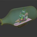 Transparent Glass Bottle With Miniature Water Vessel And City Model On Wooden Base
