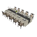 Elegant Dining Table Set With Long Table Multiple Chairs Beige Cushions Dark Frames Tableware Vases