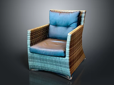Modern Woven Rattan Chair Featuring Blue Cushion And Brown Comfortable Seat 3d model