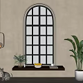 Arched Grid French Window With Wooden Shelf Green Plants Lantern Pendant Light And Cat