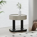 Modern Bedside Table With Circular Beige Top Black Pillars Base And White Vase Plants 3d model