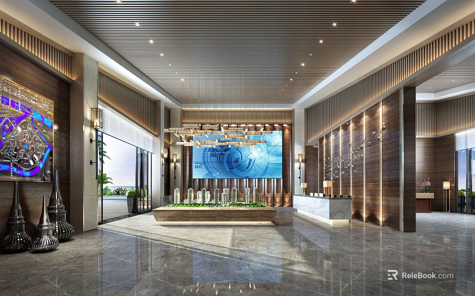 Modern Sales Office Lobby Interior With Large Digital Screen And Wooden Wall Panels 3d model 