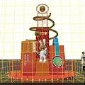 Alibaba Themed Red Spiral Display Installation With Rabbit Figure Orange Decorations And Lights