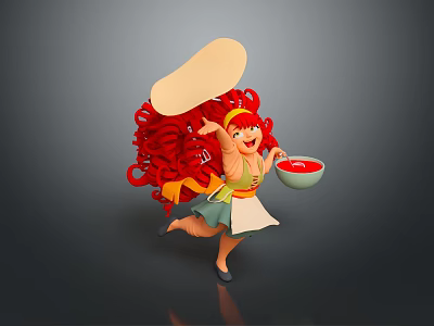 Cartoon Character Holding Red Bowl With Tomato Sauce Pizza Base On Head And Apron Running 3d model