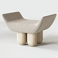 Beige Upholstered Stool With Curved Seat Design And Unique Wooden Leg Structure