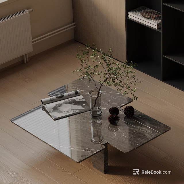 Modern Sofa and Coffee Table Set with Glass Marble Top Green Plant Magazines on Wooden Floor 3d model 