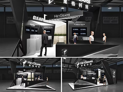 Modern Black White Exhibition Booth With HYVGEAR Brand Display Screens And Reception Counter 3d model