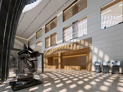 Artistic Book Themed Library Lobby Design Featuring Stacked Book Sculpture And Light Patterns 3d model