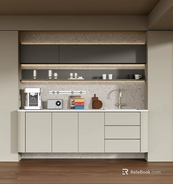 Modern Bar Counter Interior Design With Stone Countertop Cabinets Coffee Machine And Glassware 3d model 