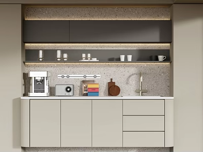 Modern Bar Counter Interior Design With Stone Countertop Cabinets Coffee Machine And Glassware 3d model
