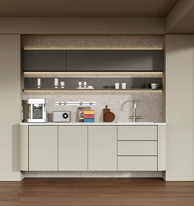 Modern Bar Counter Interior Design With Stone Countertop Cabinets Coffee Machine And Glassware 3d model