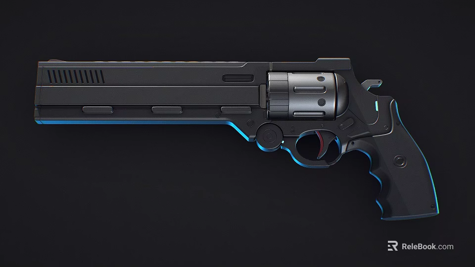 Black Revolver With Blue Glowing Accents Modern Metallic Finish And Futuristic Design 3d model 