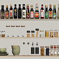 Spice Bottles And Condiment Jars On Kitchen Shelf With Various Seasonings And Organized Storage