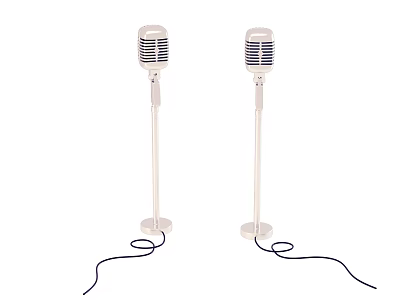 Professional Commercial White Microphone Pair With Stand Base And Cable Connected 3d model