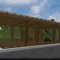 Wooden Pergola with Roof and Wooden Benches on Stone Patio Surrounded by Green Trees