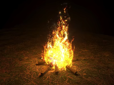 Cozy Garden Bonfire Scene With Burning Flames Logs And Dry Grass On Dark Ground 3d model