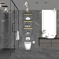 Modern Bathroom Interior With Glass Shower Marble Walls Vanity Mirror And Storage Cabinets