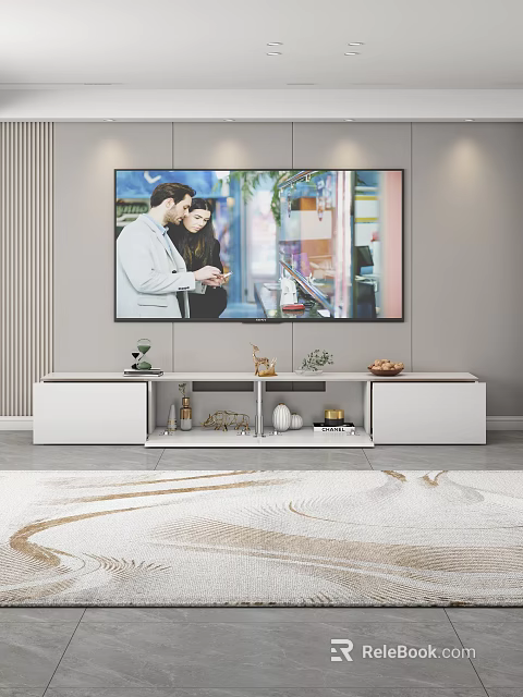 Modern White TV Stand Design With Decorative Items Storage Shelves And Wall Mounted TV 3d model 