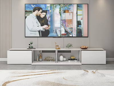 Modern White TV Stand Design With Decorative Items Storage Shelves And Wall Mounted TV 3d model