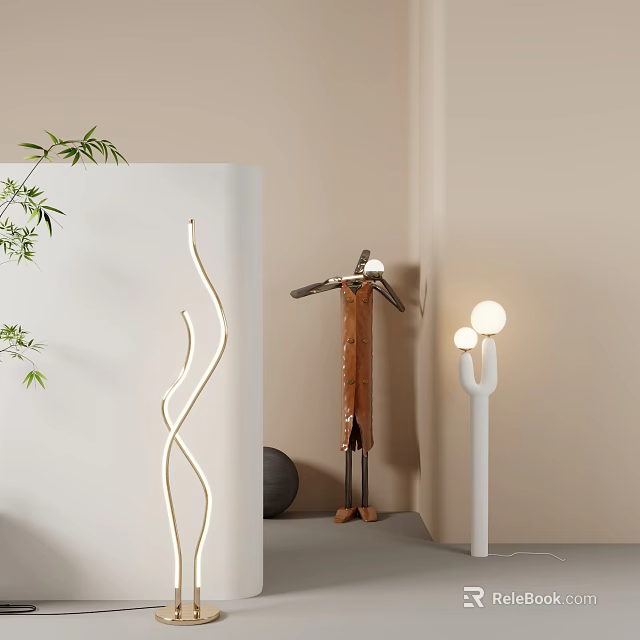 Modern Floor Lamps With Curved White Design And Wooden Decor In Beige Room 3d model 