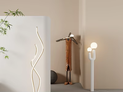 Modern Floor Lamps With Curved White Design And Wooden Decor In Beige Room 3d model