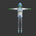 Anime 3D Character Creature With Blue Green Hair White Coat Yellow Vest And Outstretched Arms