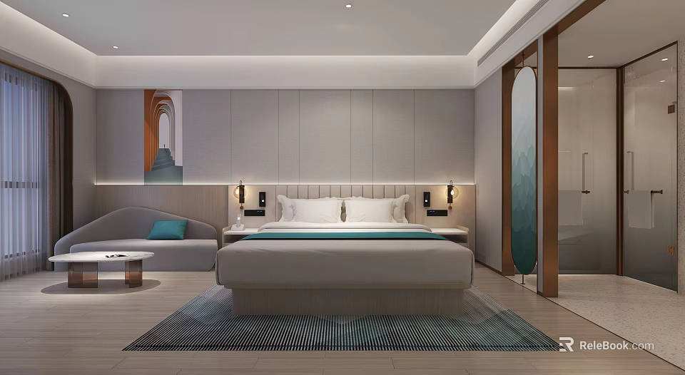 Hotel Room Interior With Large Bed Bedside Wall Lamps Sofa Coffee Table And Decorative Painting 3d model 