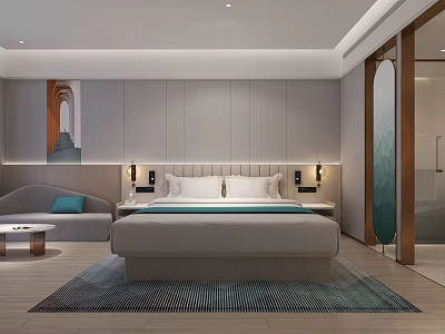 Hotel Room Interior With Large Bed Bedside Wall Lamps Sofa Coffee Table And Decorative Painting 3d model