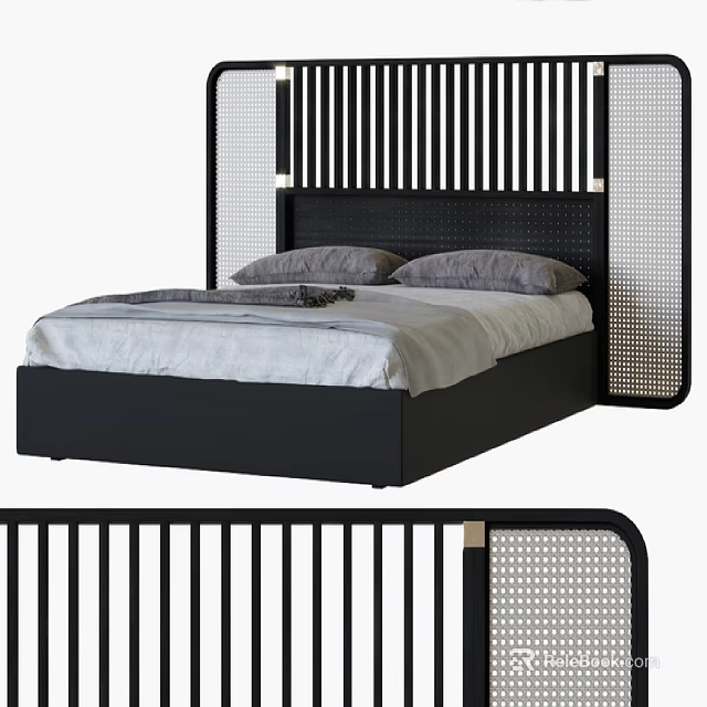 Modern Double Bed With Black Slatted Headboard And Rattan Panel Details 3d model 
