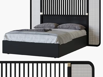 Modern Double Bed With Black Slatted Headboard And Rattan Panel Details 3d model