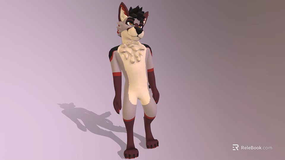 Anthropomorphic Wolf Character With Black Ears White Body Brown Limbs And Red Accents 3d model 