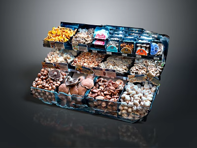 Transparent Multi Tiered Shelf Display With Various Nuts Beans And Colorful Snack Packages In Supermarket 3d model