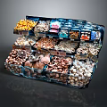 Transparent Multi Tiered Shelf Display With Various Nuts Beans And Colorful Snack Packages In Supermarket