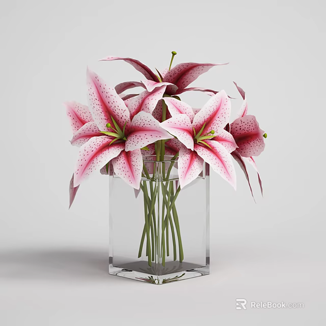 Pink And White Lilies With Dark Spots In Transparent Square Glass Vase 3d model 
