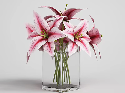 Pink And White Lilies With Dark Spots In Transparent Square Glass Vase 3d model