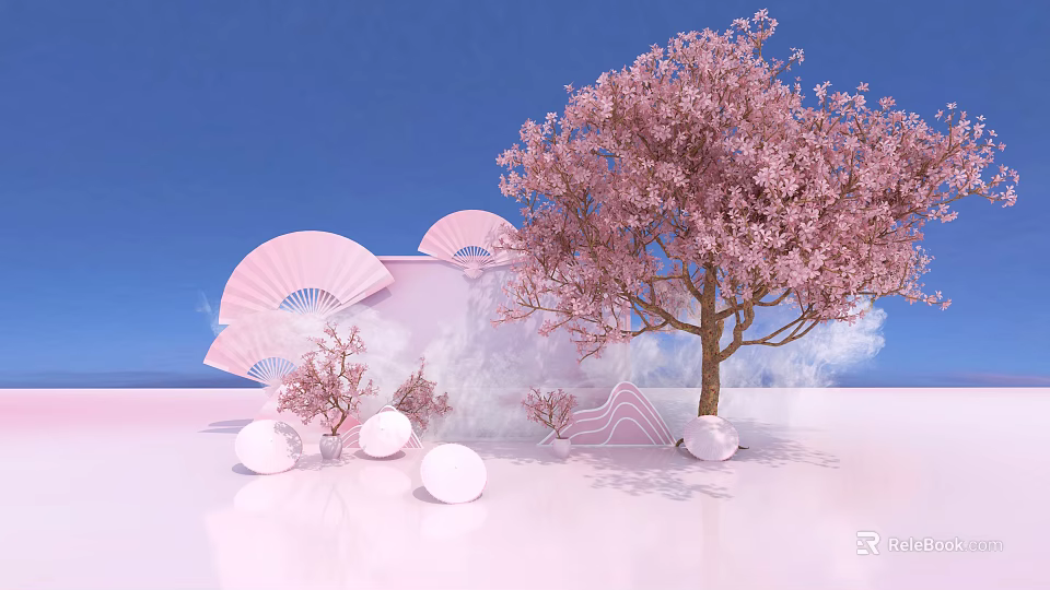 Pink Cherry Blossom Photo Spot With Fans Spheres And Rockery Decorations On Blue Background 3d model 