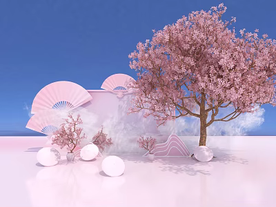 Pink Cherry Blossom Photo Spot With Fans Spheres And Rockery Decorations On Blue Background 3d model