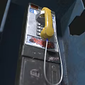 Vintage Public Telephone In Blue Booth With Yellow Handset And Keypad Stickers