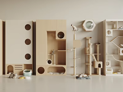 Modern Wooden Cat Furniture Collection With Climbing Tree House And Circular Holes Design 3d model